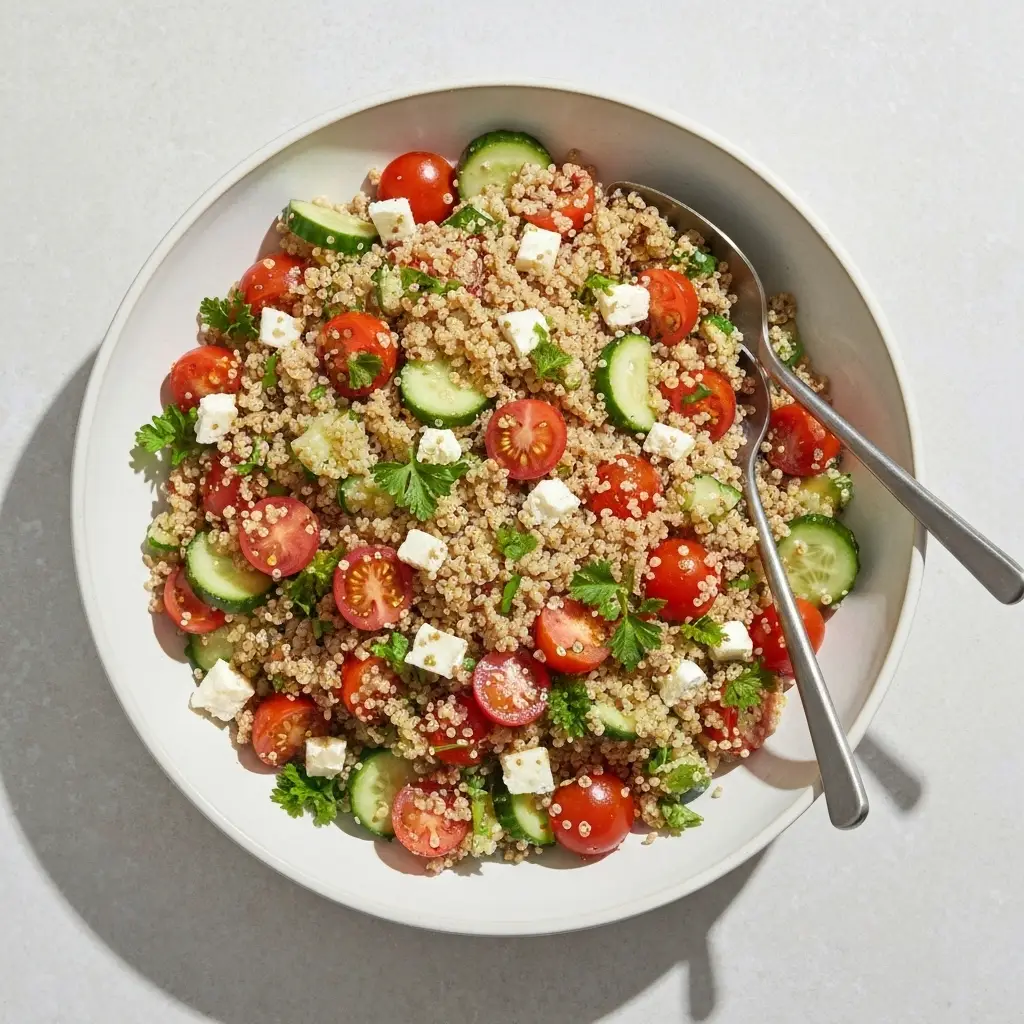 Quinoa Salad Recipe (The Ultimate Healthy & Easy Guide) 3 An overhead view of a large bowl of fresh quinoa salad, perfectly tossed with a simple lemon vinaigrette.