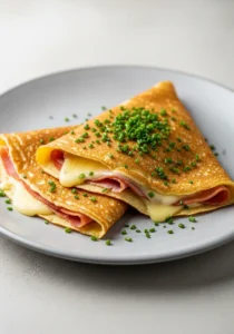 A savory crepe recipe shown with two folded crepes on a plate, filled with ham and melted cheese and garnished with fresh chives.