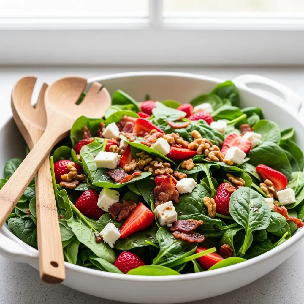 A large white bowl filled with a fresh spinach salad recipe, showcasing strawberries, bacon, and feta.