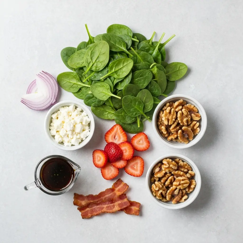 An overhead view of the ingredients for a spinach salad recipe: spinach, strawberries, bacon, feta, walnuts, and dressing.