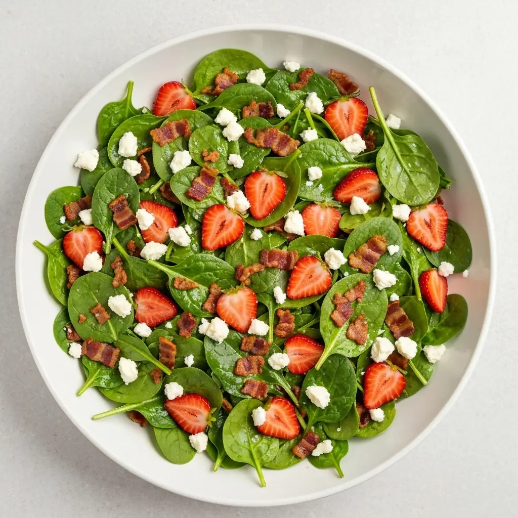 Overhead flat lay shot of a finished spinach salad with bacon and strawberries in a white bowl.