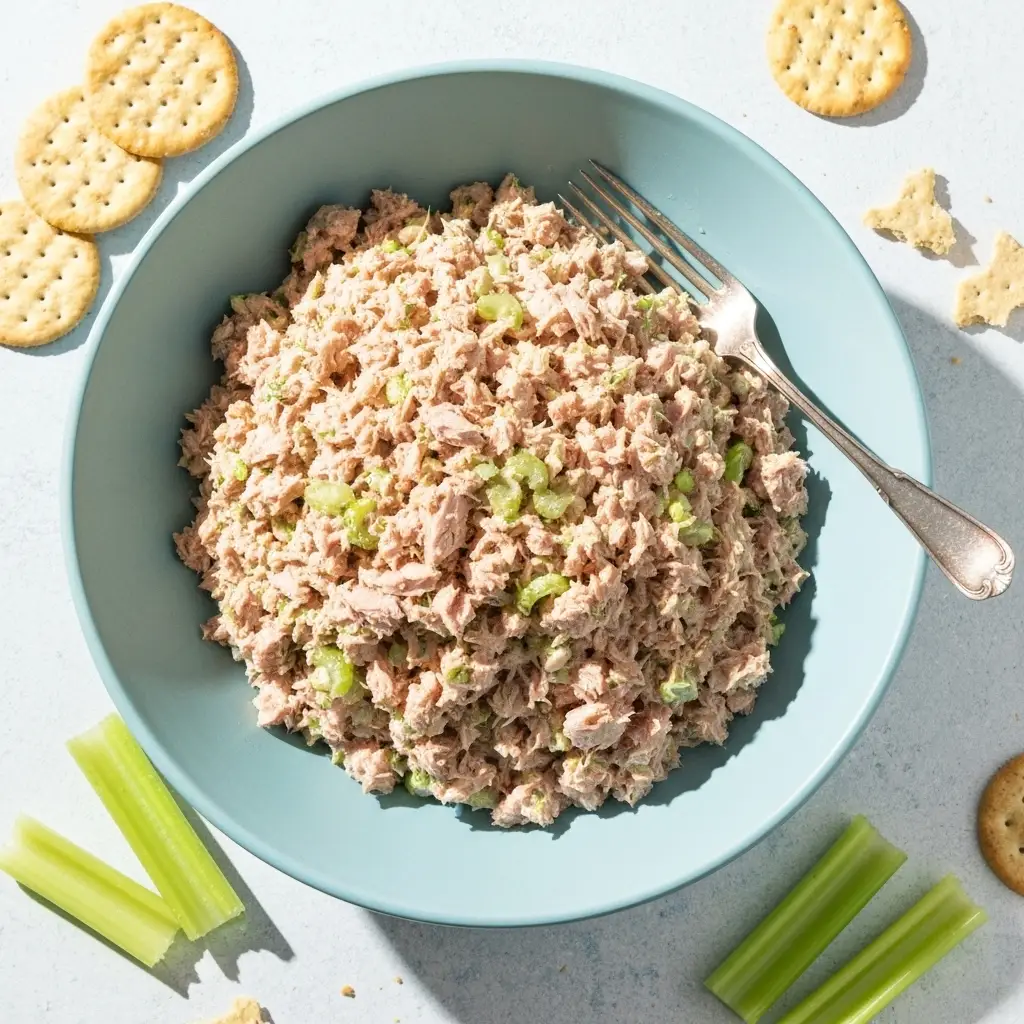 An overhead shot of a large bowl of creamy tuna salad, ready to be served.