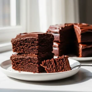 A slice of moist vegan chocolate cake on a white plate, showing the fudgy texture and rich chocolate frosting.