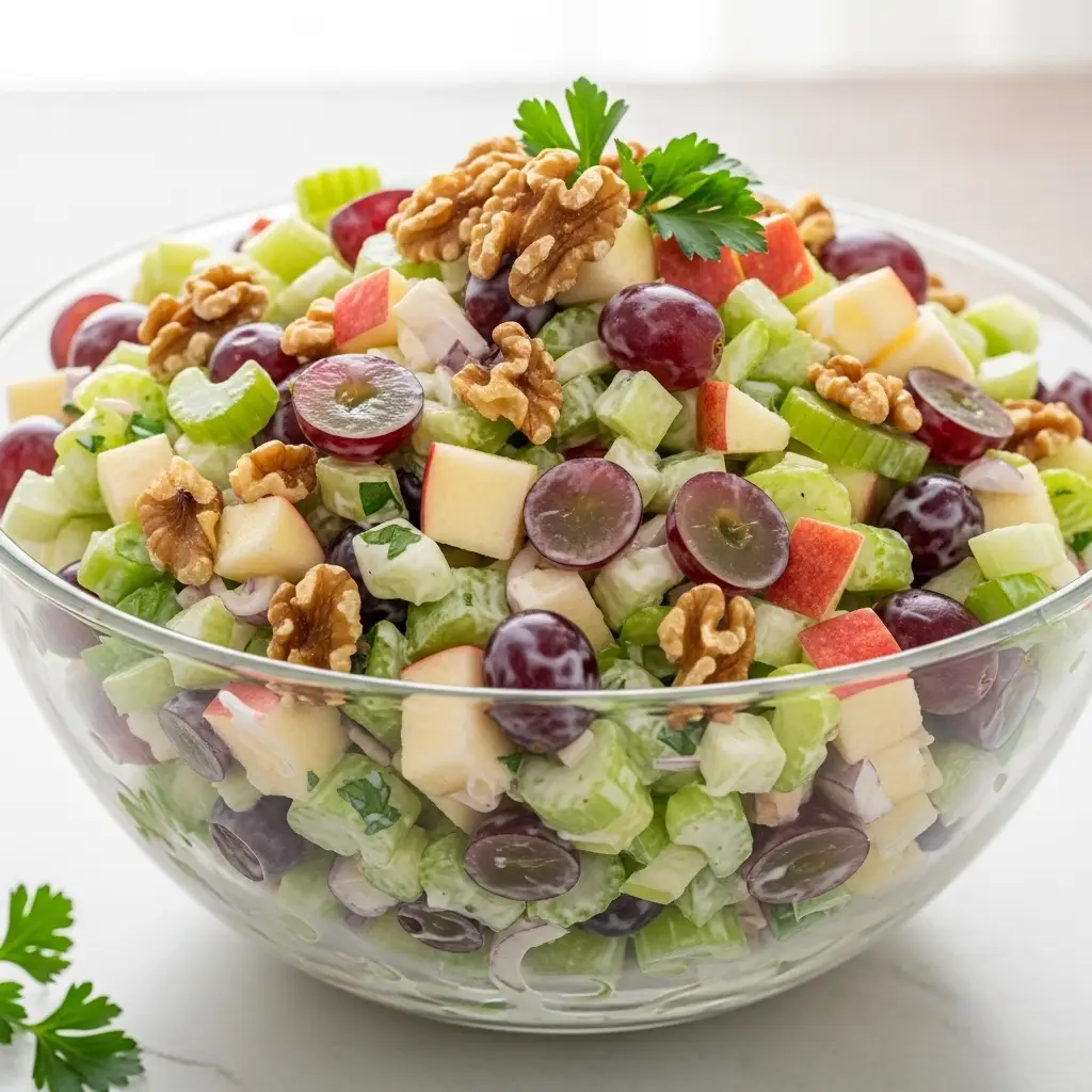 A close up 45-degree angle shot of a classic Waldorf salad in a large glass serving bowl.