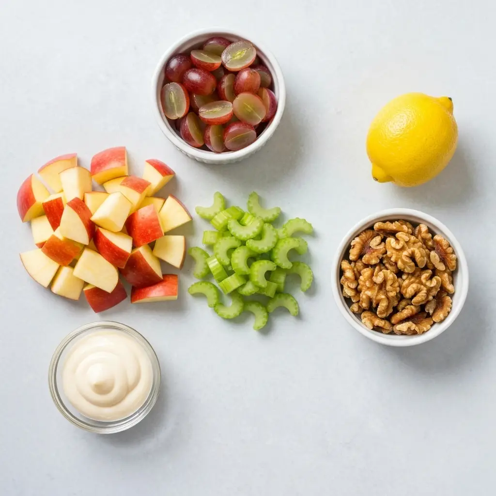 An overhead shot of the ingredients for Waldorf salad: apples, celery, grapes, walnuts, mayonnaise, and lemon.