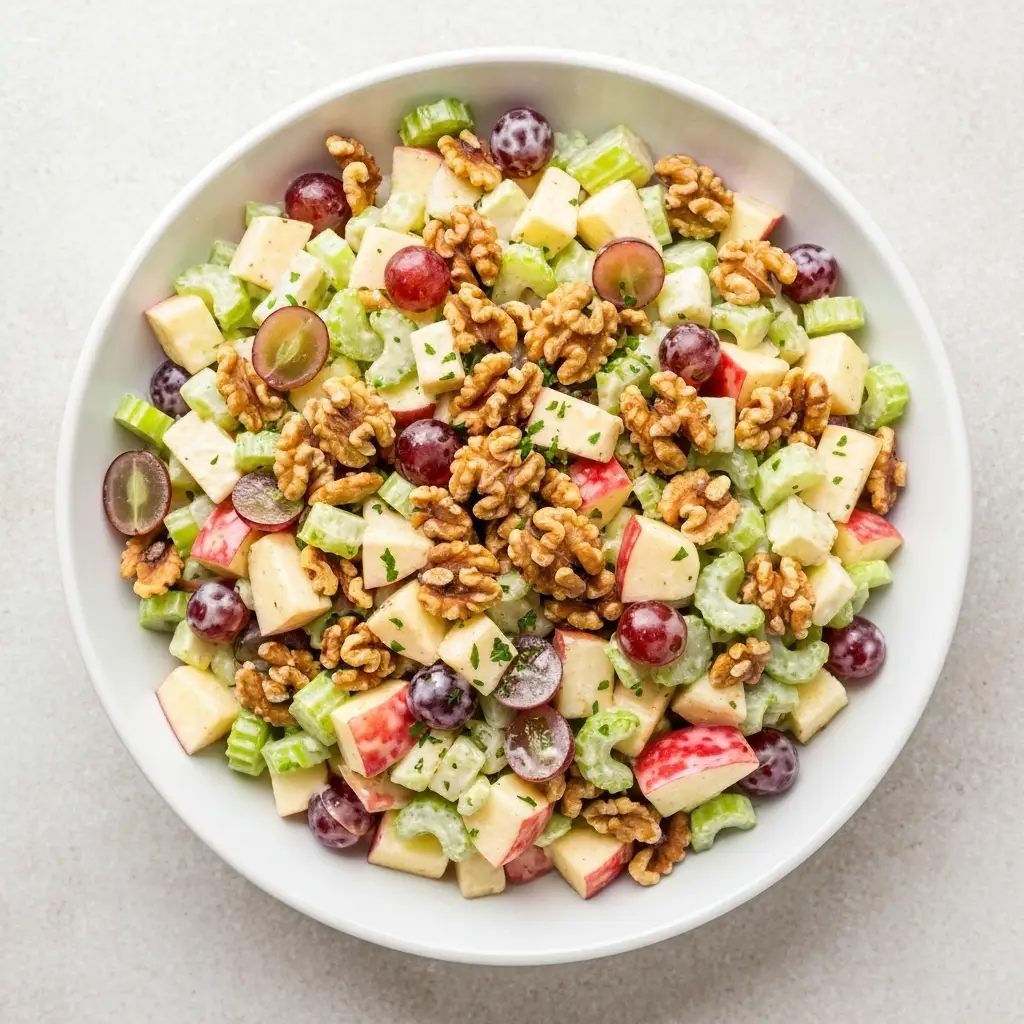 An overhead photo of the finished Waldorf salad in a white bowl, ready to be served.