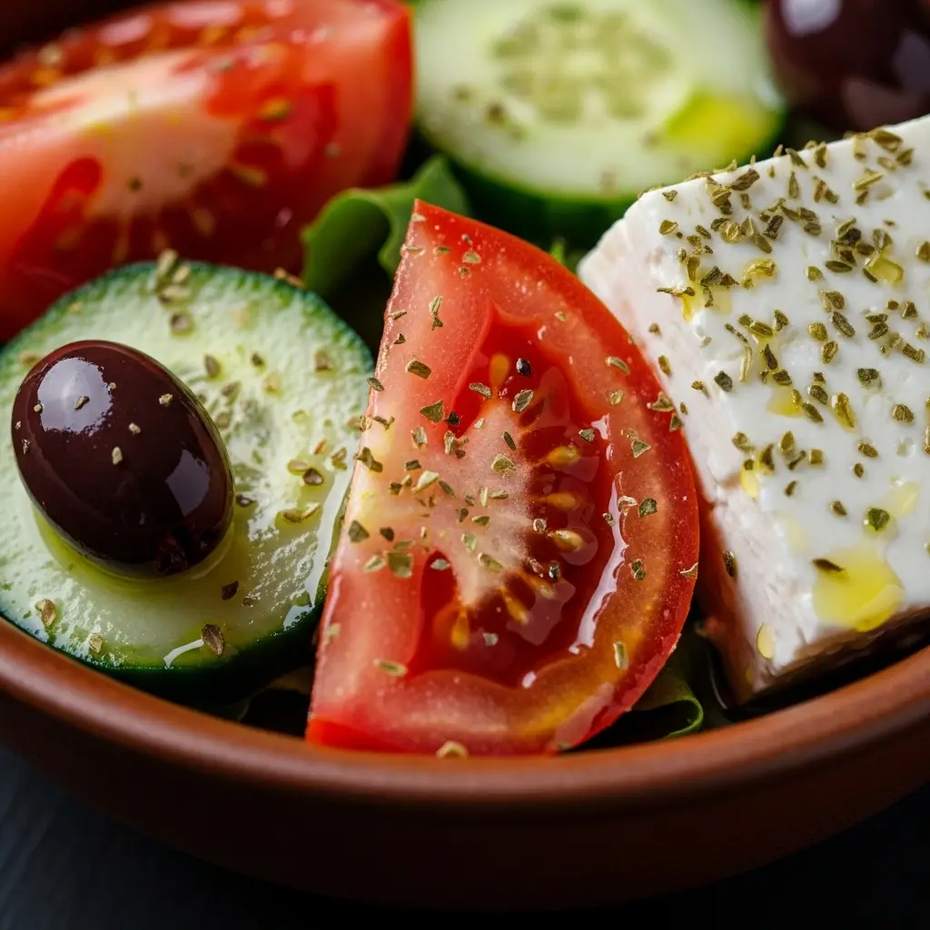 A close-up of an authentic Greek salad recipe, showing juicy tomatoes, cucumbers, and a large block of feta cheese.