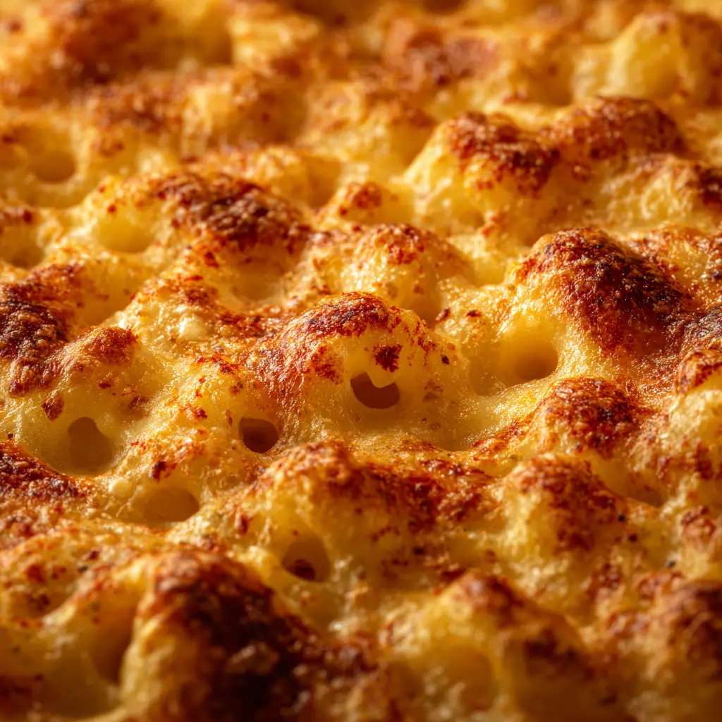 The baked mac and cheese in a 9x13 baking dish before it goes into the oven, topped with crispy panko breadcrumbs.