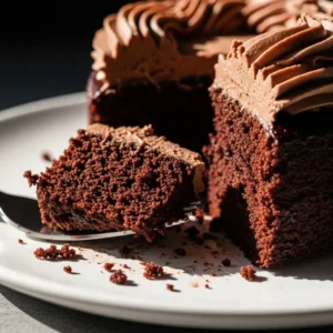 A close-up slice of the best chocolate cake recipe, showing the moist, fudgy crumb and rich chocolate frosting.