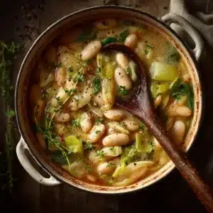 A close-up shot of the ingredients for the butter beans with leeks recipe, including leeks, canned butter beans, garlic, and herbs.