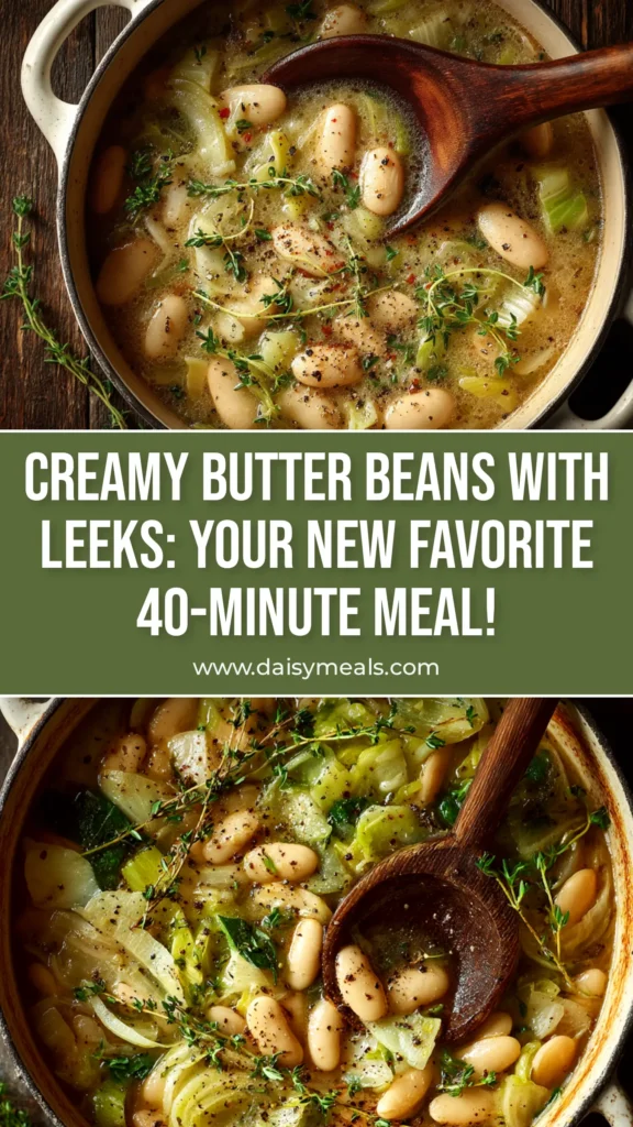 Butter Beans with Leeks (Creamy & Simple Recipe) 4 A top-down view of a skillet filled with creamy butter beans with leeks, garnished with fresh parsley and a slice of lemon.