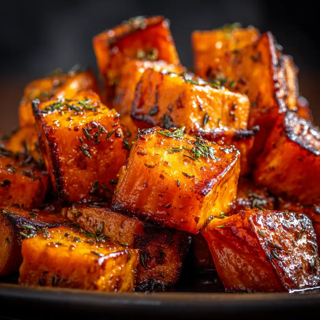 A close-up shot of perfectly caramelized honey cinnamon roasted sweet potato cubes on a baking sheet, fresh out of the oven.