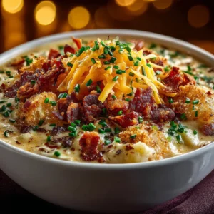 A close-up shot of a spoonful of cheesy potato soup being lifted from a bowl, showing its thick and creamy texture.