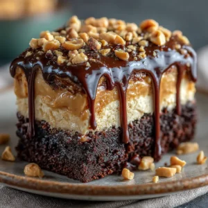 A 9x13 inch pan of freshly baked chocolate peanut butter poke cake, topped with fluffy peanut butter frosting and a generous sprinkle of chopped Reese's peanut butter cups.