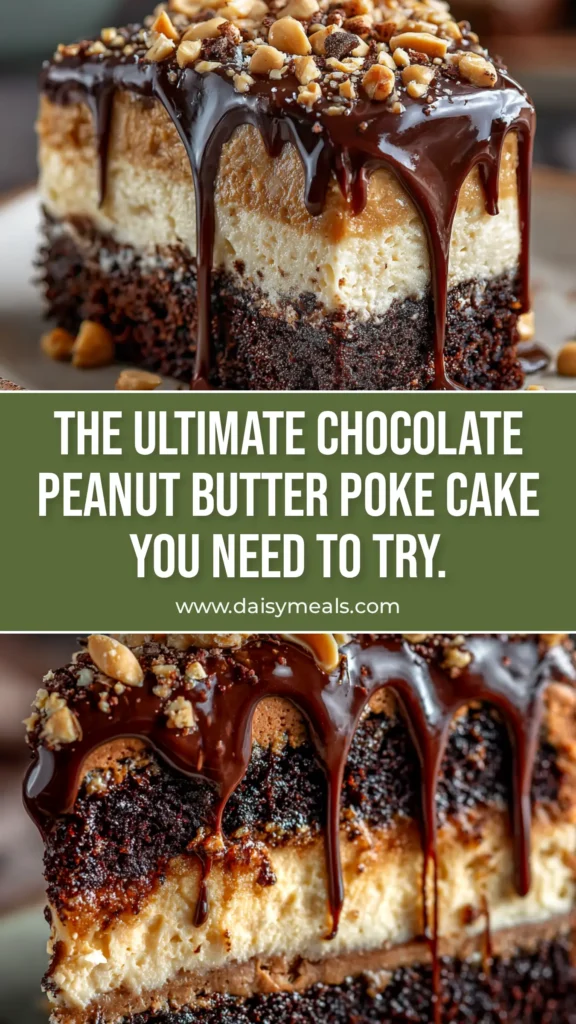 Chocolate Peanut Butter Poke Cake: The Ultimate Indulgent Dessert 4 A slice of chocolate peanut butter poke cake on a white plate, showing the moist chocolate cake layers and creamy peanut butter frosting, topped with chopped peanut butter cups.