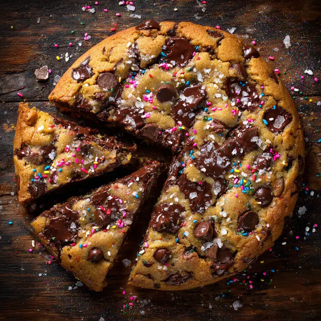 The cookie cake dough being pressed into a cast-iron skillet before baking, showcasing the raw chocolate chip cookie dough.