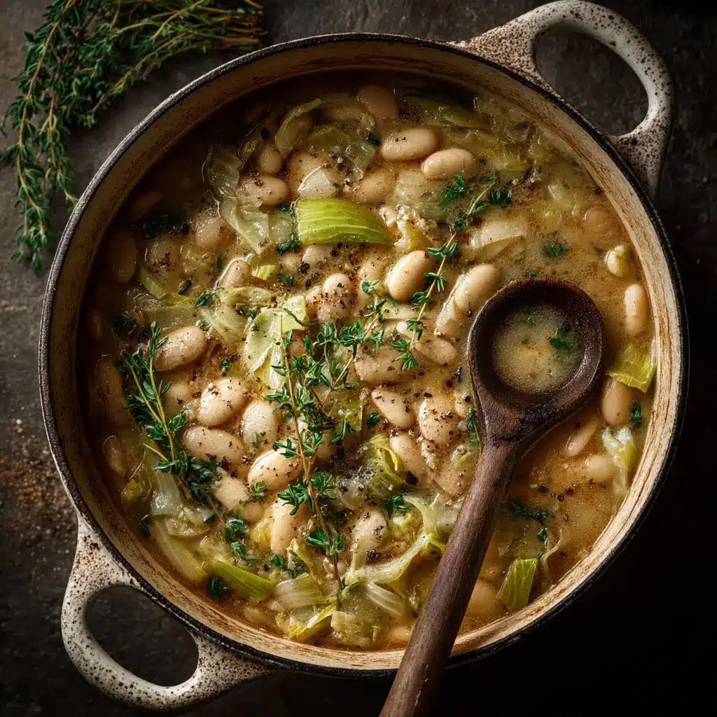 Butter Beans with Leeks (Creamy & Simple Recipe) 1 A skillet showing the butter beans and leeks simmering in a creamy broth before being finished with fresh herbs.