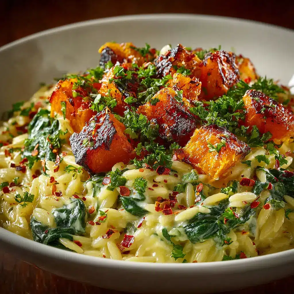 Creamy Butternut Squash Orzo (The Perfect Fall Dinner) 1 The creamy butternut squash orzo being stirred in a large skillet, showing the final steps of the recipe.
