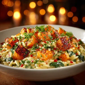 A close-up shot of a spoonful of creamy butternut squash orzo, showing the rich texture of the sauce and tender pasta.