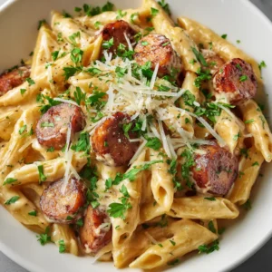 A close-up shot of the creamy chicken sausage pasta in a skillet, showing the rich texture of the parmesan cream sauce.