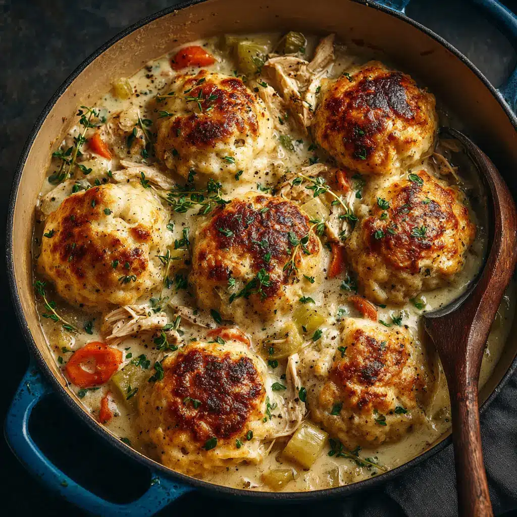 A close-up shot of creamy chicken and dumplings in a white bowl, garnished with fresh parsley. The perfect homemade comfort food.
