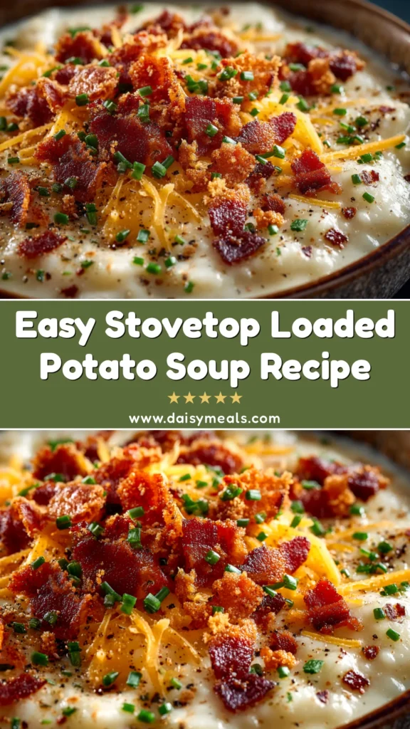 A top-down view of a white bowl filled with creamy loaded potato soup, garnished with shredded cheddar cheese, crispy bacon bits, and fresh chives.