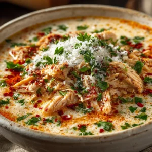 A top-down view of a bowl of creamy Crock Pot Chicken Parmesan Soup, garnished with fresh parsley and topped with golden-brown cheesy croutons.