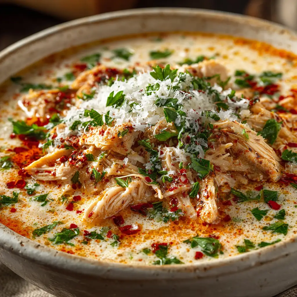 A top-down view of a bowl of creamy Crock Pot Chicken Parmesan Soup, garnished with fresh parsley and topped with golden-brown cheesy croutons.