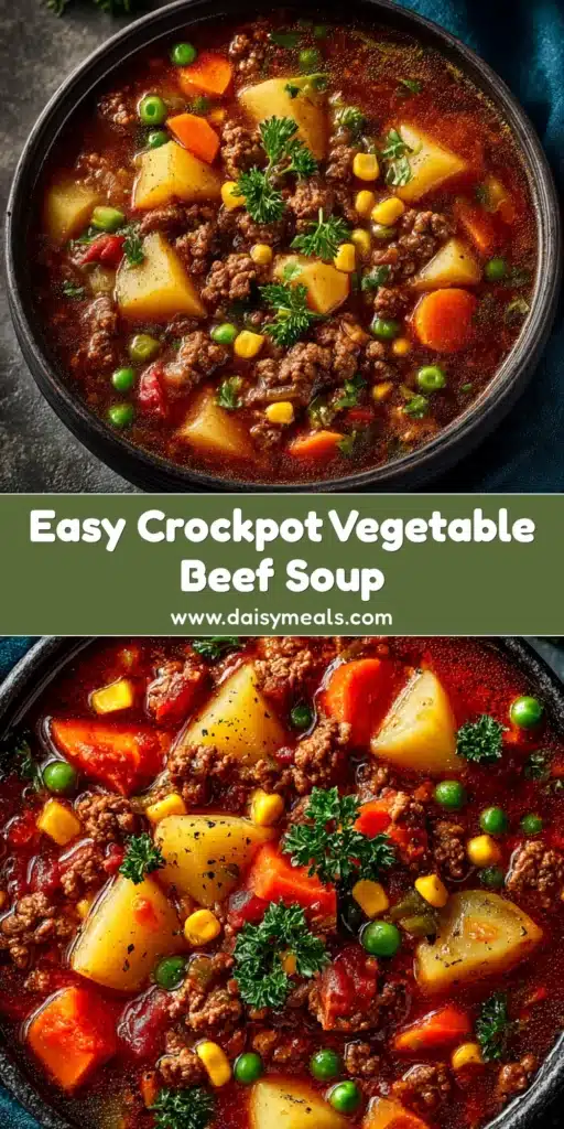 Crockpot Vegetable Beef Soup: The Ultimate Comfort Meal 4 A large white bowl filled with hearty Crockpot Vegetable Beef Soup, showcasing tender beef chunks, carrots, potatoes, and peas in a rich broth.