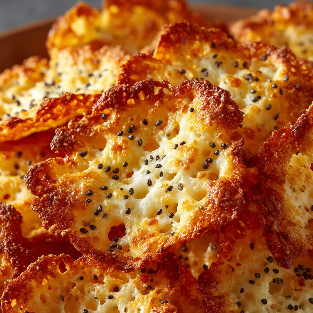 A bowl filled with freshly baked, golden brown cottage cheese crisps, ready for dipping and snacking.