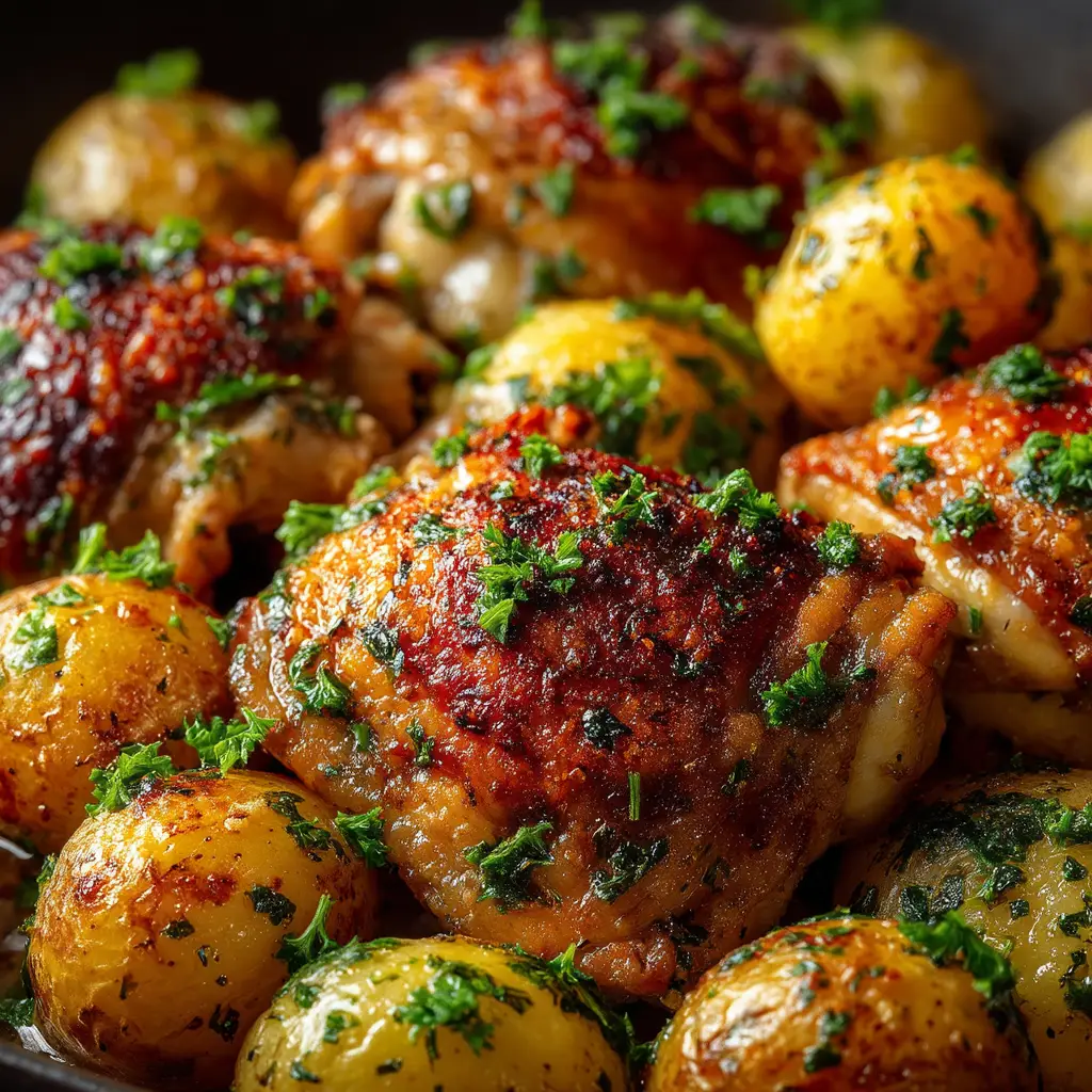 A close-up of the creamy garlic parmesan sauce coating the tender chicken and potatoes in the crockpot.