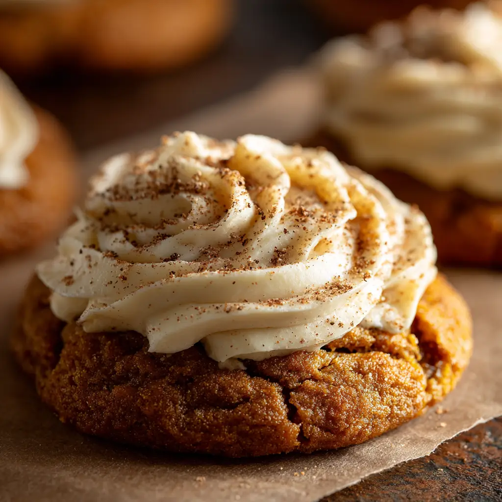 Soft Pumpkin Cookies: The Ultimate Easy Recipe 1 A baker frosting a cooled soft pumpkin cookie with cream cheese frosting using an offset spatula. A bowl of frosting is visible in the background.