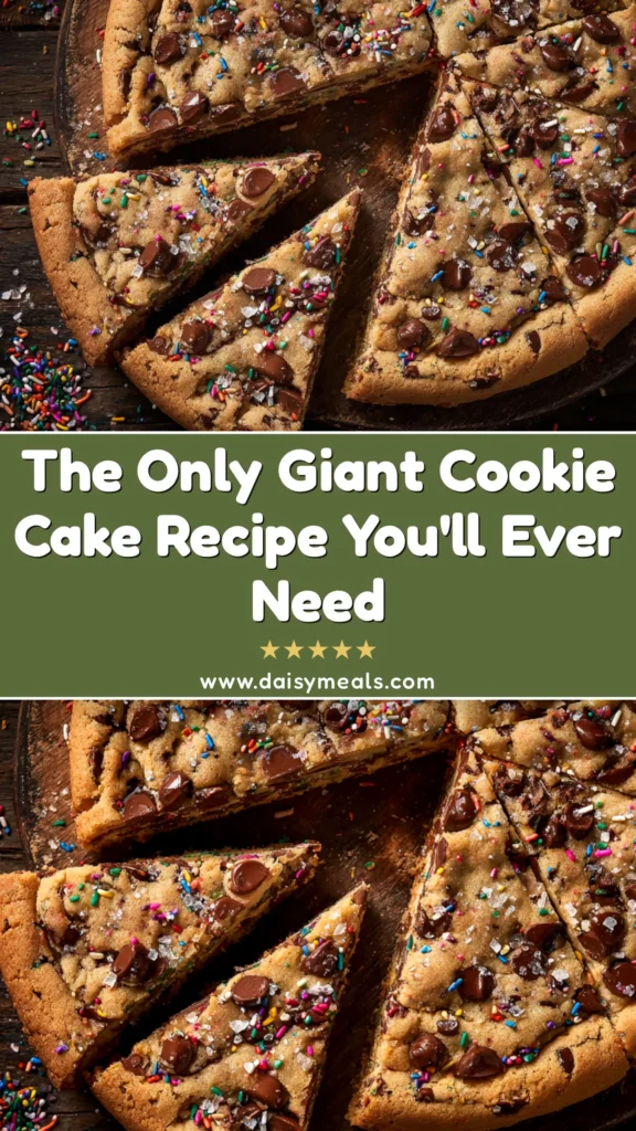 A decorated giant chocolate chip cookie cake with vanilla frosting and sprinkles, shown from a top-down view. This easy homemade cookie cake is perfect for birthdays and celebrations.
