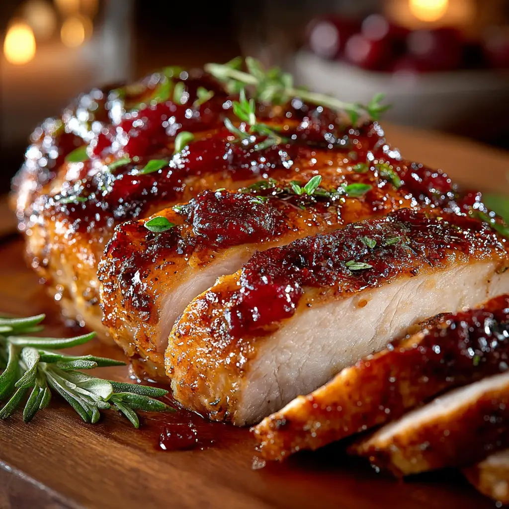 A close-up of the homemade cranberry orange glaze being brushed onto a roasting turkey breast.