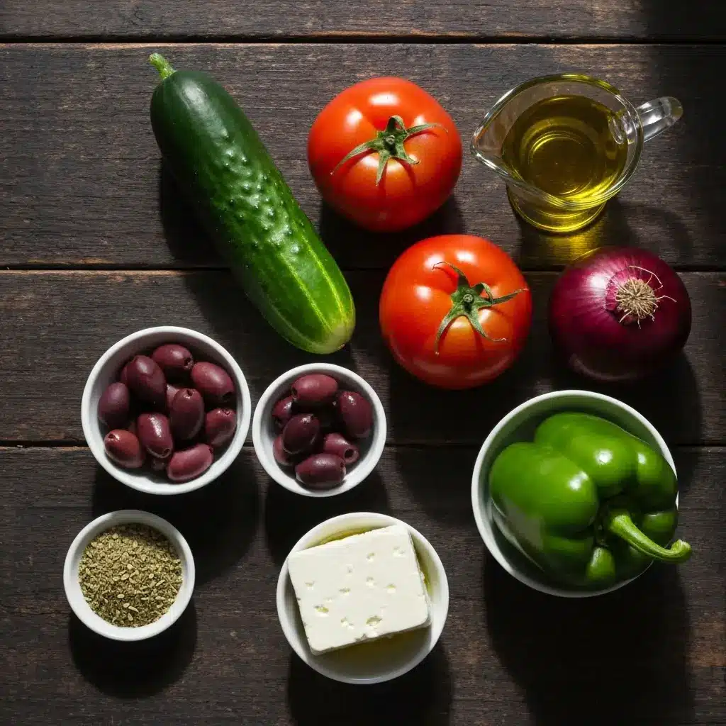 Ingredients for a classic Greek salad recipe laid out on a wooden board.