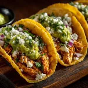 Three homemade chicken street tacos lined up on a wooden board, showcasing the juicy chicken and fresh cilantro topping in soft corn tortillas.