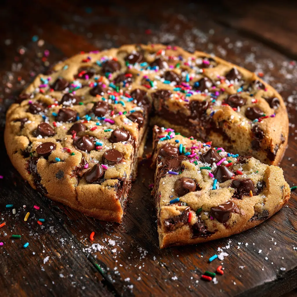 A close-up slice of a homemade cookie cake, showing the soft, chewy texture and melted chocolate chips inside.