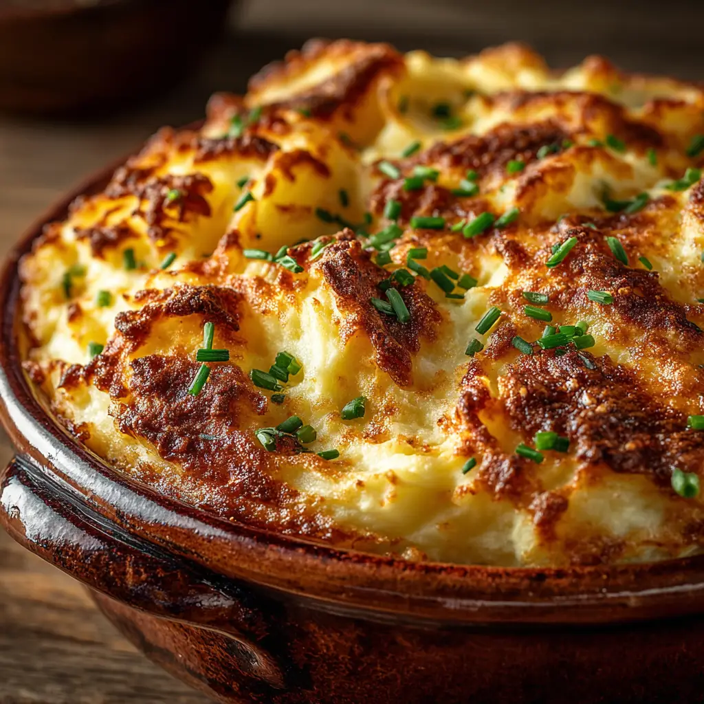 A close-up shot of a serving of homemade Shepherd's Pie on a plate, highlighting the rich meat and vegetable filling under the creamy mashed potato crust.