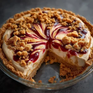 The creamy no-bake peanut butter filling being poured into a prepared graham cracker crust for the Peanut Butter and Jelly Pie.