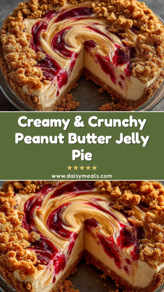 A whole no-bake Peanut Butter and Jelly Pie on a serving platter, showing the creamy peanut butter filling and vibrant jelly swirls, garnished with chopped peanuts.