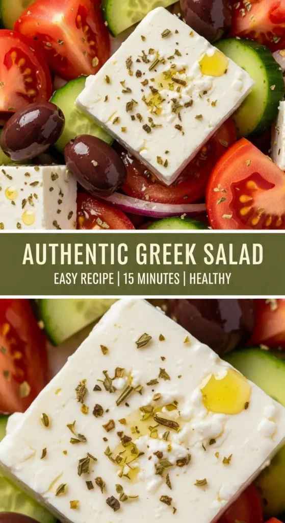 Pinterest pin for an authentic greek salad recipe. A close-up of the salad with text overlay reading 'AUTHENTIC GREEK SALAD'.