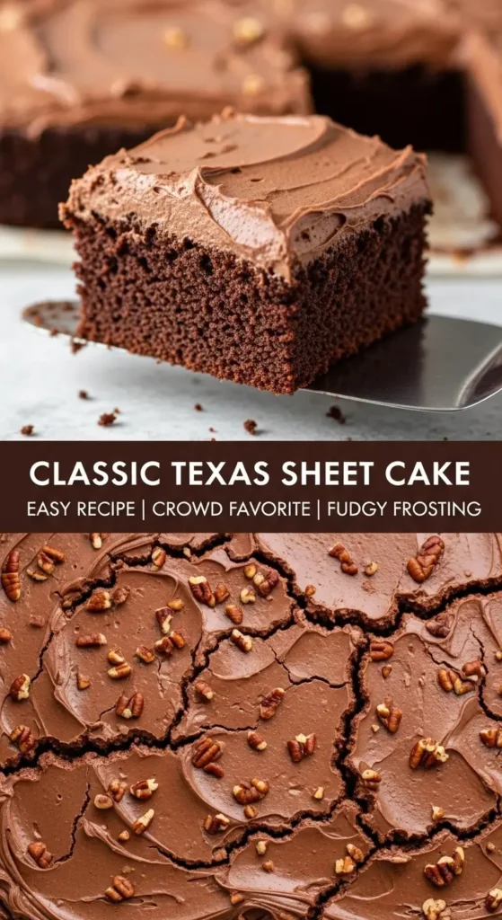Pinterest pin for a classic Texas sheet cake recipe. Shows a close-up of the moist chocolate cake and fudgy pecan frosting with a text overlay.
