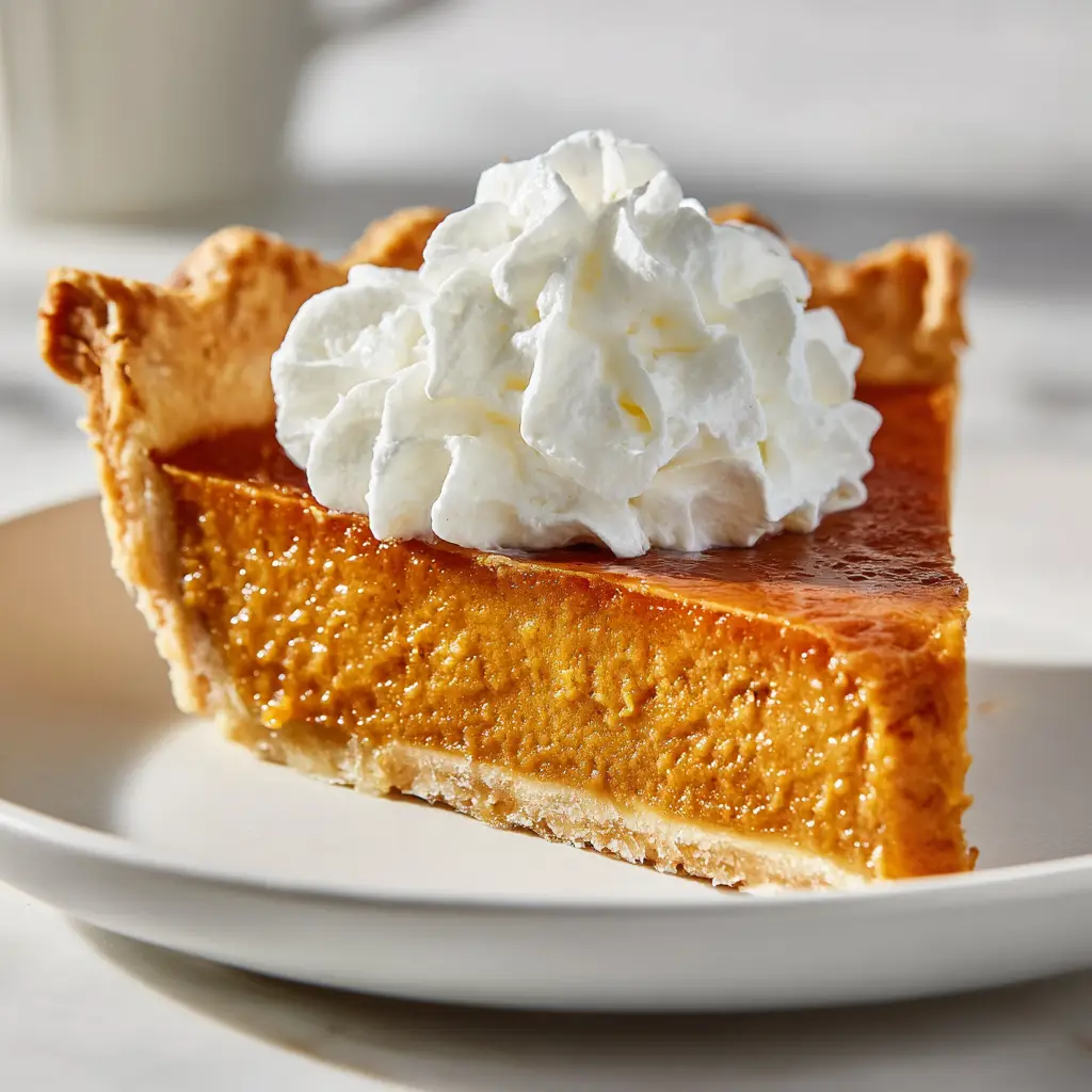 The smooth, uncooked pumpkin pie filling being poured into a par-baked pie crust. This image shows a key step in the easy pumpkin pie recipe.