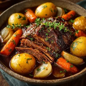 A raw beef chuck roast being seared in a hot Dutch oven to create a flavorful crust for the tender pot roast recipe.