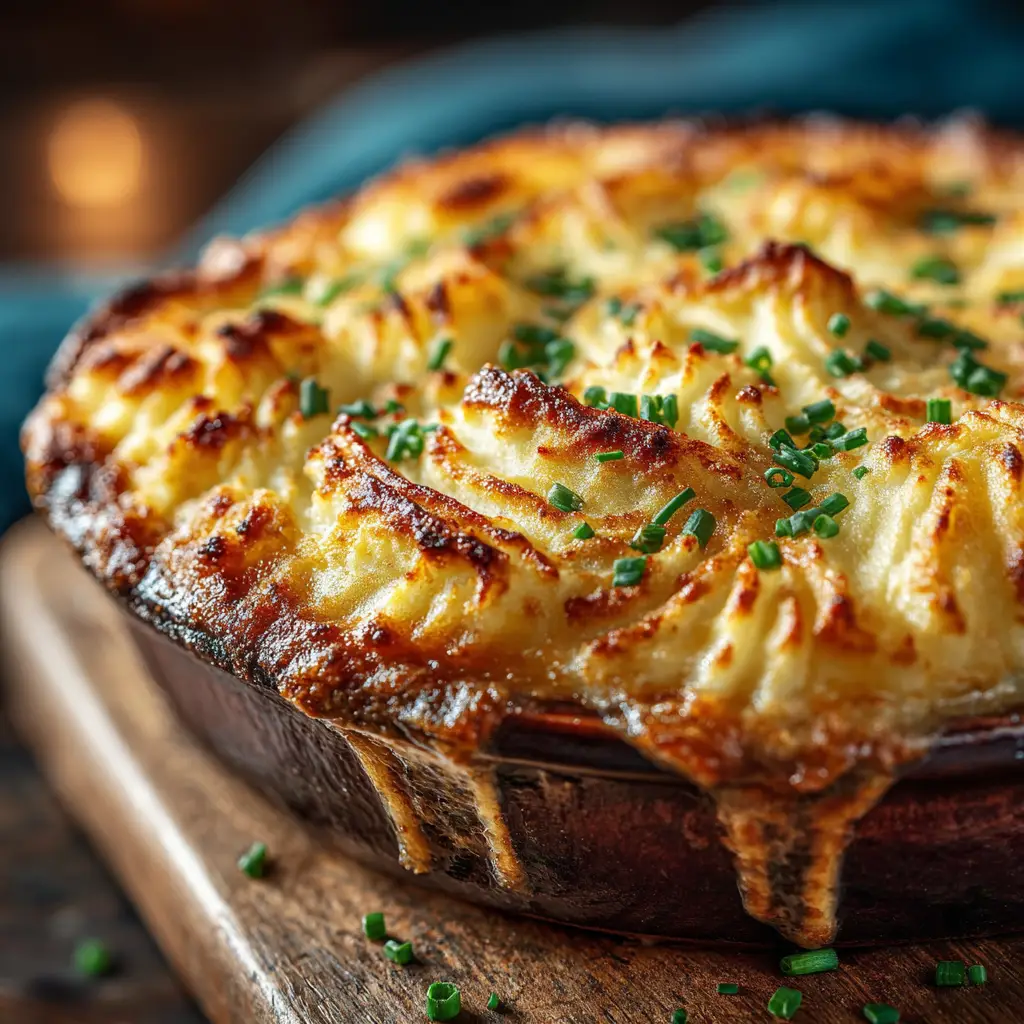 The Shepherd's Pie in a baking dish before going into the oven, with the mashed potato topping beautifully arranged over the savory lamb filling.