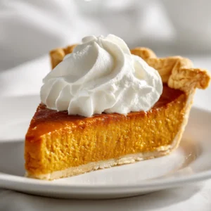 A close-up shot of a slice of pumpkin pie on a plate, topped with whipped cream. Highlights the creamy texture of the pumpkin pie filling.