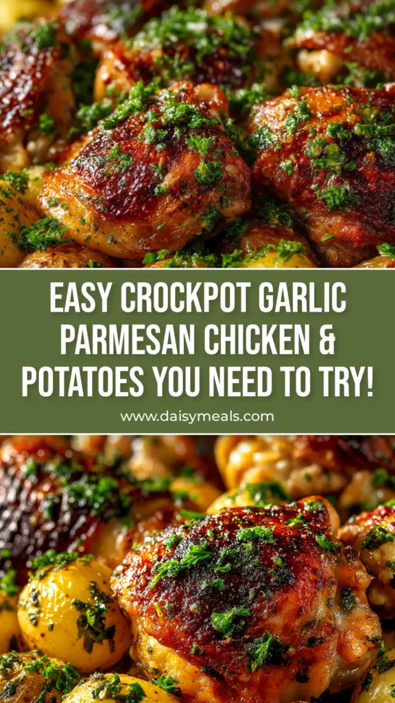 A top-down view of Slow Cooker Garlic Parmesan Chicken and Potatoes in a white bowl, garnished with fresh parsley. | DaisyMeals