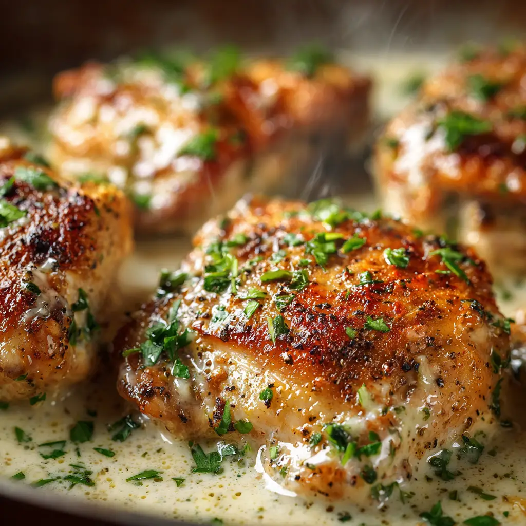 Ingredients for slow cooker garlic parmesan chicken laid out, including chicken thighs, baby potatoes, garlic, and a block of parmesan cheese.