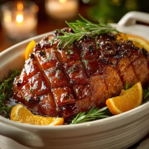 A spiral-cut ham being placed into an oval slow cooker before cooking.