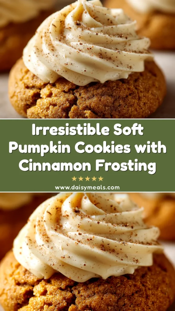 Soft Pumpkin Cookies: The Ultimate Easy Recipe 3 A stack of soft pumpkin cookies with cream cheese frosting, with one cookie broken in half to show the soft, cakey texture. The cookies are on a white plate with a fall-themed background.